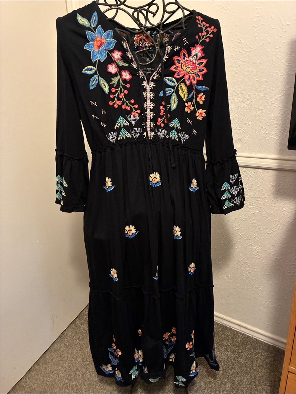 Johnny Was Black Floral Embroidered Maxi Dress